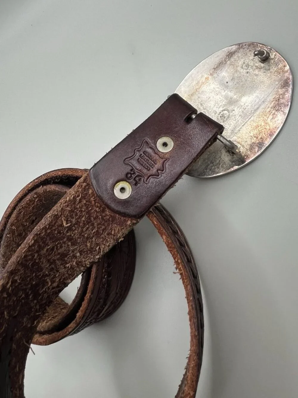 VTG Mexican Alpaca Silver Kokopelli Abalone Tooled Leather Belt Western 34”